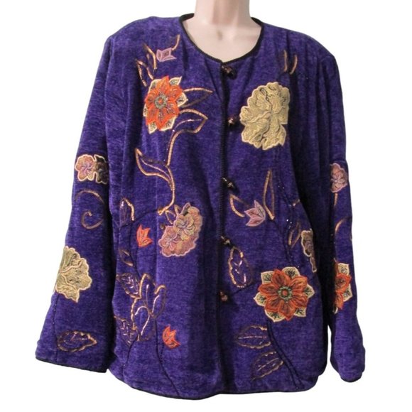 Purple Chenille Glass Applique Embroidered Beaded Sequin Wearable Art Jacket L - Picture 4 of 16